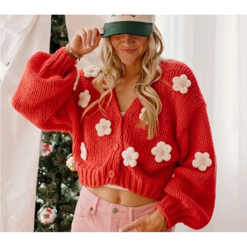 Anthropologie Luna Ivy Red White 3D Flowers Chunky Knit Sweater Cardigan Small